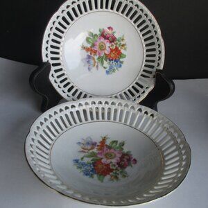 2 Vintage Reticulated Porcelain Bavarian Floral Bowls/6-inch Diameter